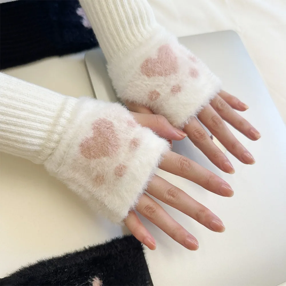 Cute Cat Paw Half Finger Gloves Soft Fingerless Gloves Warm Thicken Knitted Gloves Winter