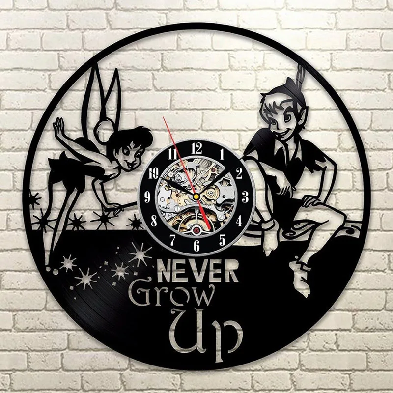 Peter Pan Wendy Tinker Bell Neverland Vinyl Record Wall Clock Retro Style Kids Room Decor