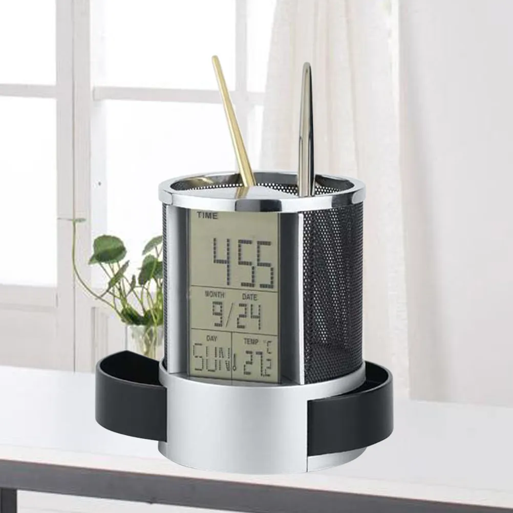 Time Display Pen Holder Electronic Desk Calendar Clock with Date Week Temperature Countdown Function Metal Plastic Pen Container