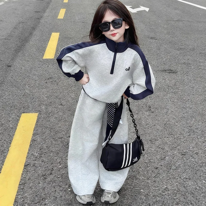 Girls Cotton Contrast Half Zip Pullover Sweatshirt+Sweatpant Work Set School Kids 2PCS Tracksuit Children Jogging Outfit