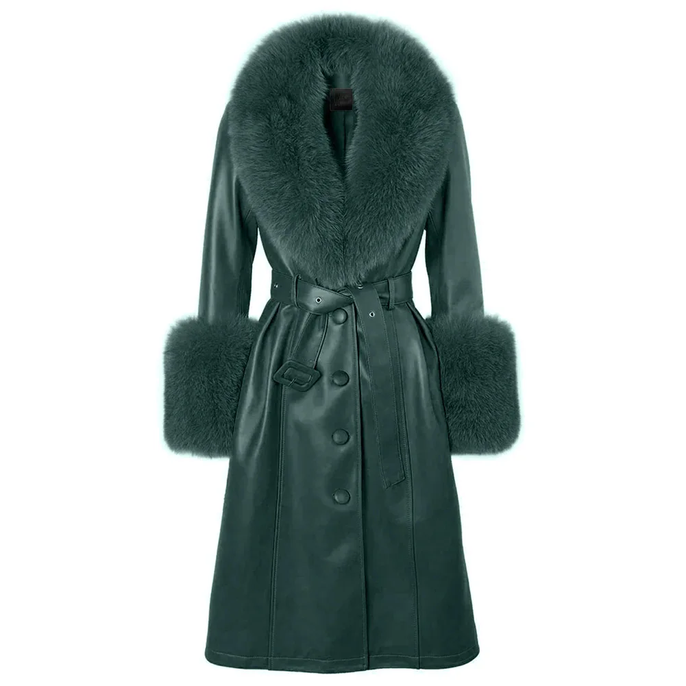 Denny&Dora Deep Green Women Real Fox Fur Collar Long Genuine Leather Coat Trench Plus Size