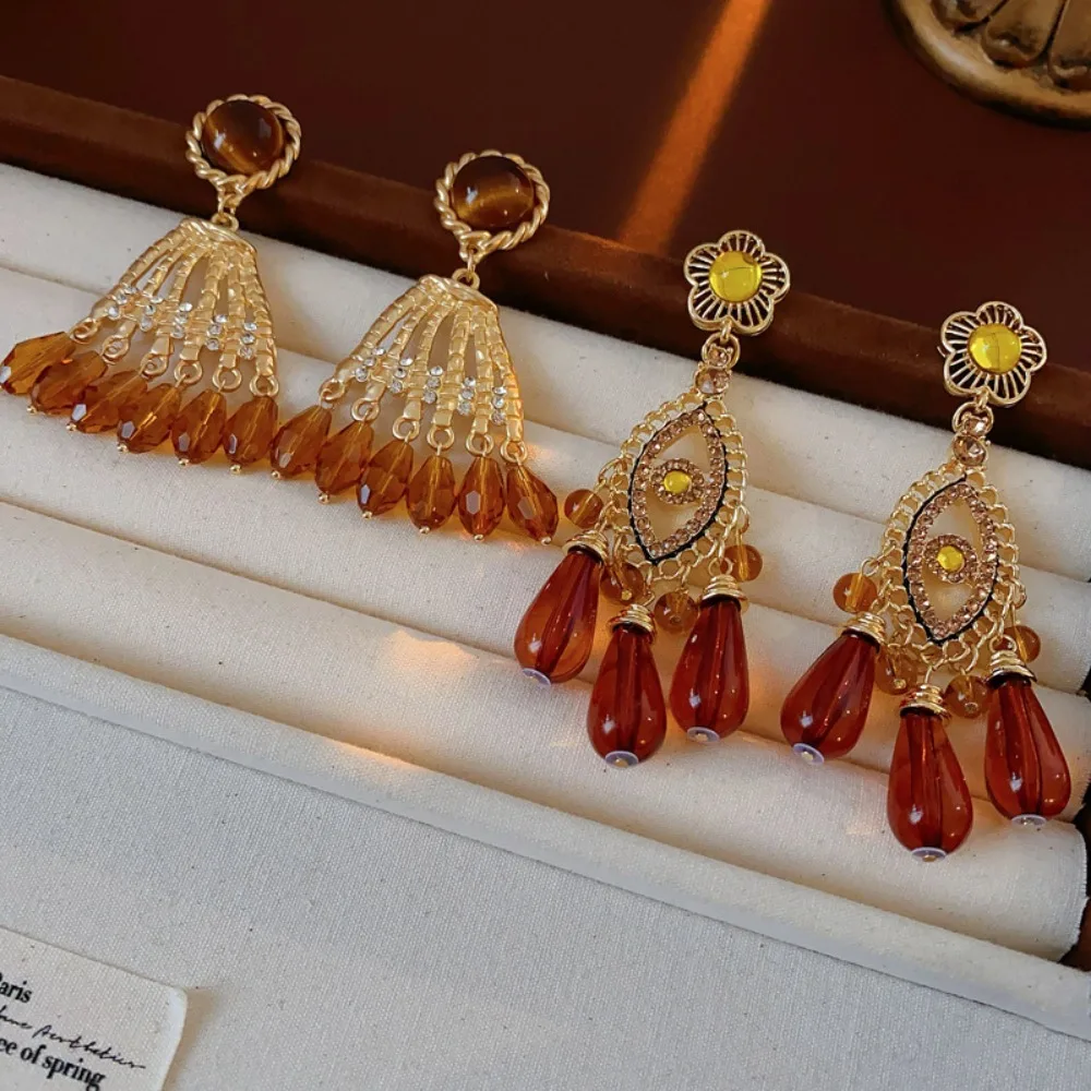 Medieval Style Round Tiger Eye Stone Rhinestone Teardrop Crystal Tassel Dangle Earrings for Women Elegant Statement Ear Jewelry