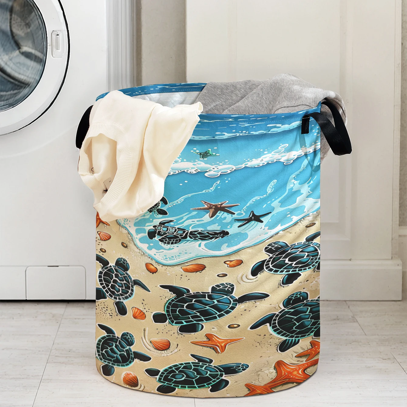 Baby Sea Turtles Beach Scene Print Foldable Large Capacity Storage Bucket, Children's Toy and Clothing Storage, Home Bathroom