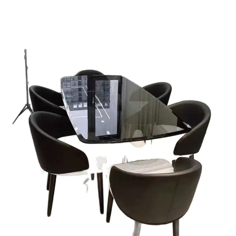

Italian light luxury tempered glass dining table household small apartment dining table modern simple stainless steel dining