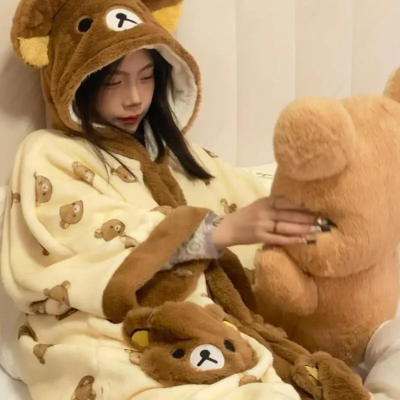 

Rilakkuma, осенне-зимняя пижама с героями мультфильмов для девочек, милый мягкий удобный халат для мальчиков, плащ с капюшоном в стиле аниме, сохраняет тепло, утепленная домашняя одежда с капюшоном