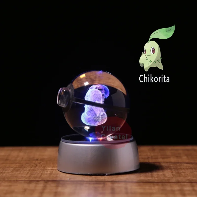 Pokemon Anime Figure Models Pokeball Clear 3D Engraving Chikorita Crystal Ball with LED Light