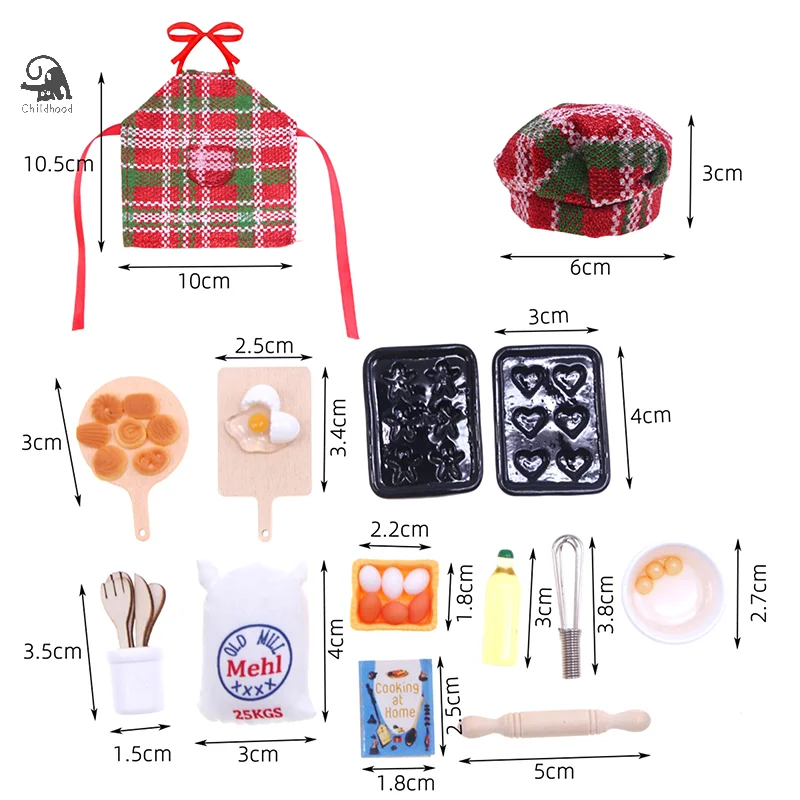 1 Set Chef-Kok Hoed Mini Schort Kleding Deegroller Eierklopper Bakplaten Kookblad Poppenhuis Kerstpop Kookpakket