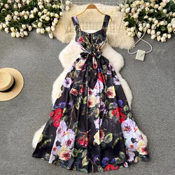 Summer Bohemian Spaghetti Strap Maxi Dress Women's Sleeveless Flower Print Cup Padded Belt Vacation Backless Long Vestidos 639