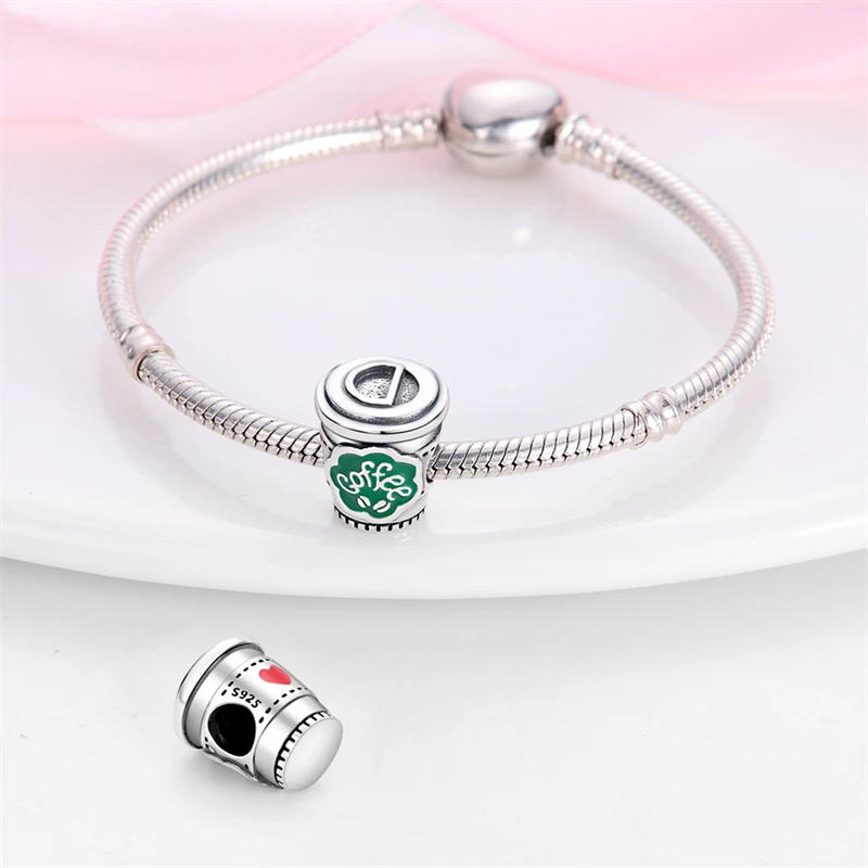 100% 925 Sterling Silver Fashion Coffee Donut Strawberry Afternoon Tea Charms Bead Fit Pandora 925 Oryginalna bransoletka DIY Biżuteria