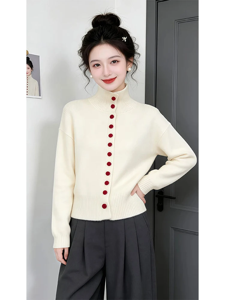 Korean Style High Neck Color Block Button Soft Knitted Open Cardigan Women's Winter New Advanced Feeling Sweater Coat Casual ...