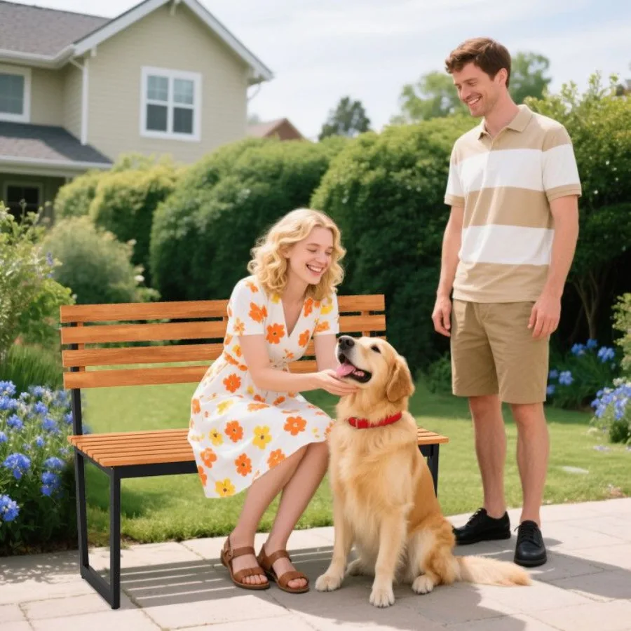 مقعد خارجي من خشب السنط مع مسند ظهر وإطار معدني شديد التحمل