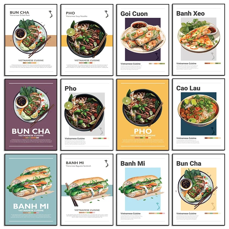 Minimalistisches Vietnamesisches Essensposter: Banh Mi, Bun Cha, Goi Cuon, Banh Xeo, Cao Lau Leinwandgemälde Wandkunst Bild für Küche und Zuhause