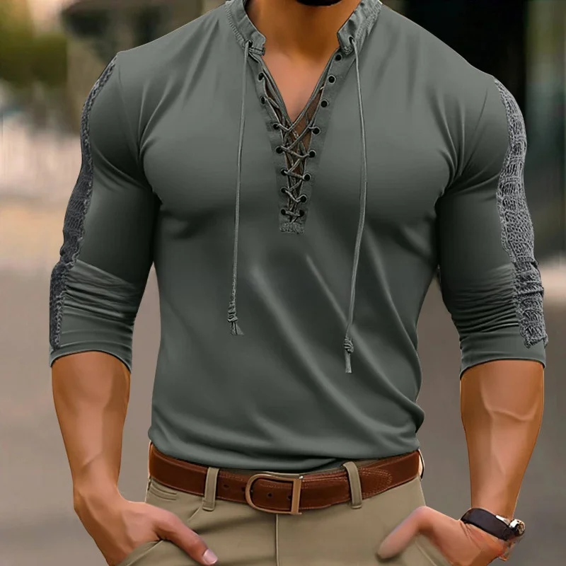 Men's Mesh Collar Long Sleeve Henry Shirt Lace up T Street Style Polyester Fiber Summer Casual Pure Color Waist Cinched