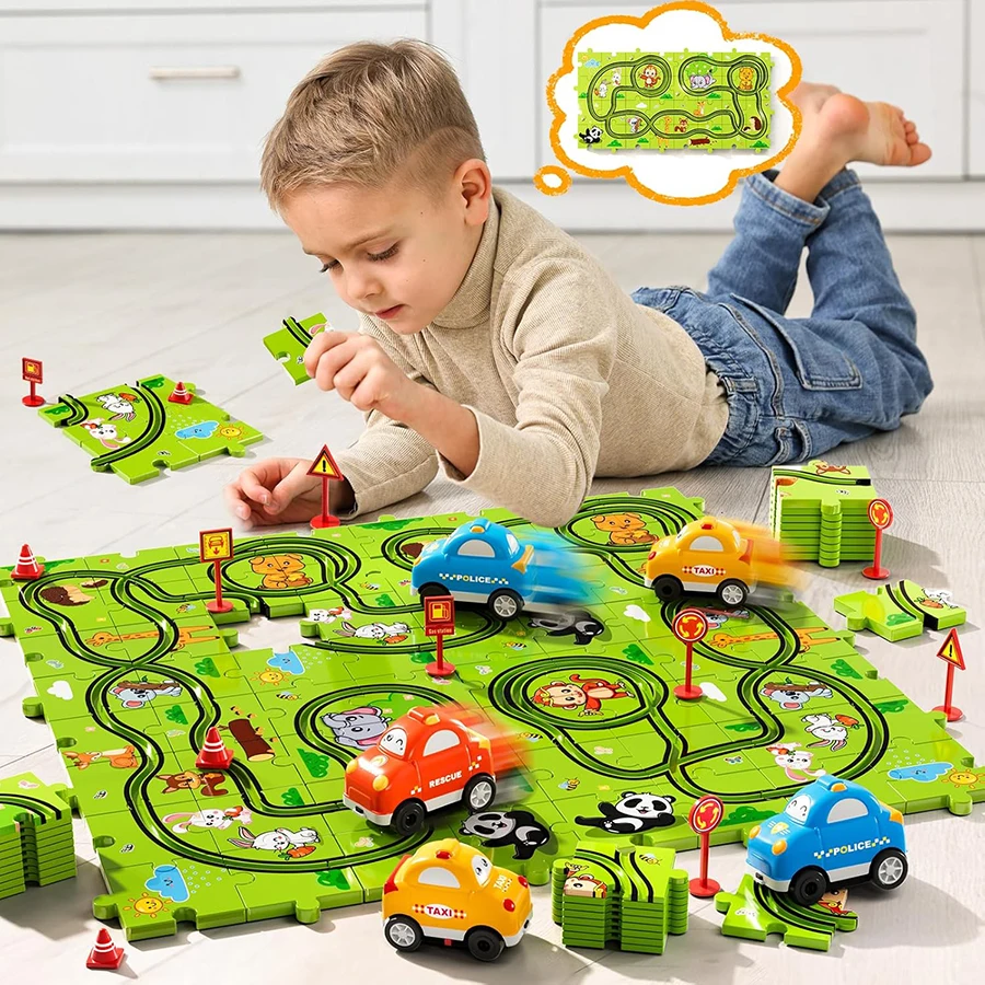 Ensemble de voiture de piste de course Puzzle pour tout-petits enfants garçons, jouets pour tout-petits cadeaux pour garçons et filles de 3 4 5 ans, jouets de voiture de pistes de puzzle