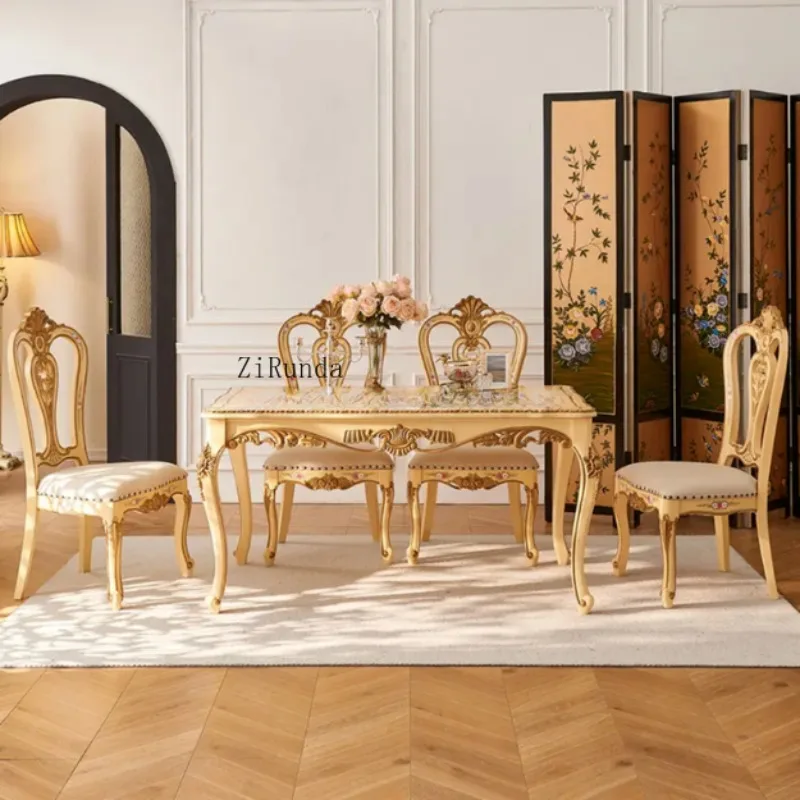 Luxury classic mahogany antique dining table set yellow and gold flower pattern hand-painted environmentally friendly s