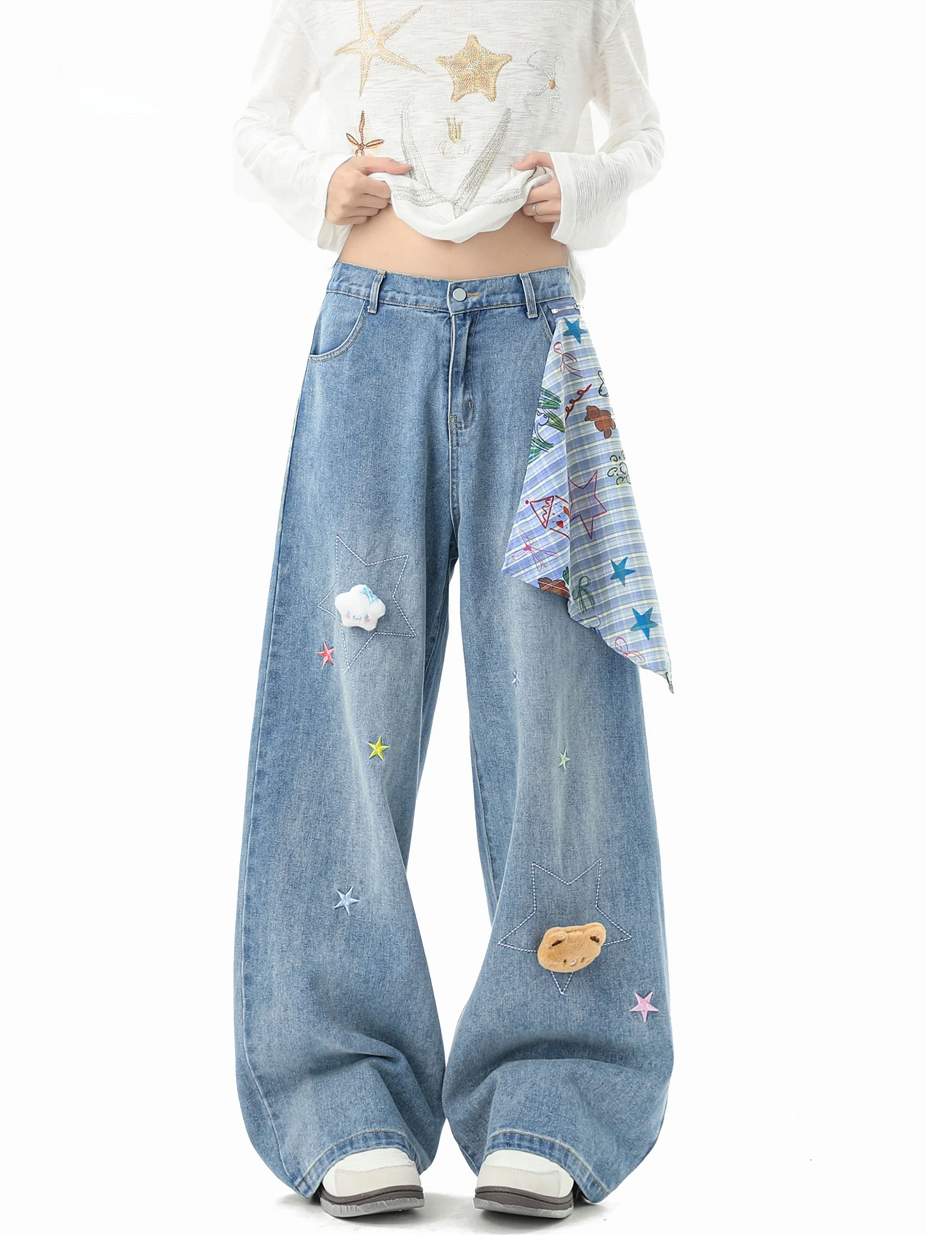 

Embroidered Star Denim Jeans Men's Spring Bear Plaid Scarf Knife Washed Wide Leg Pants Natural Waist Cotton Polyester Blend