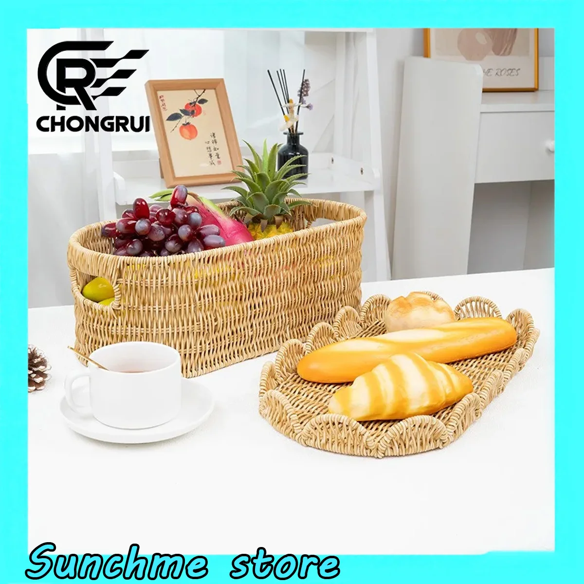 

CHONGRUI Storage Organizer Basket with Lid Handwoven Faux Rattan Basket Decorative Fruit Bread Bins for Home Kitchen Accessories
