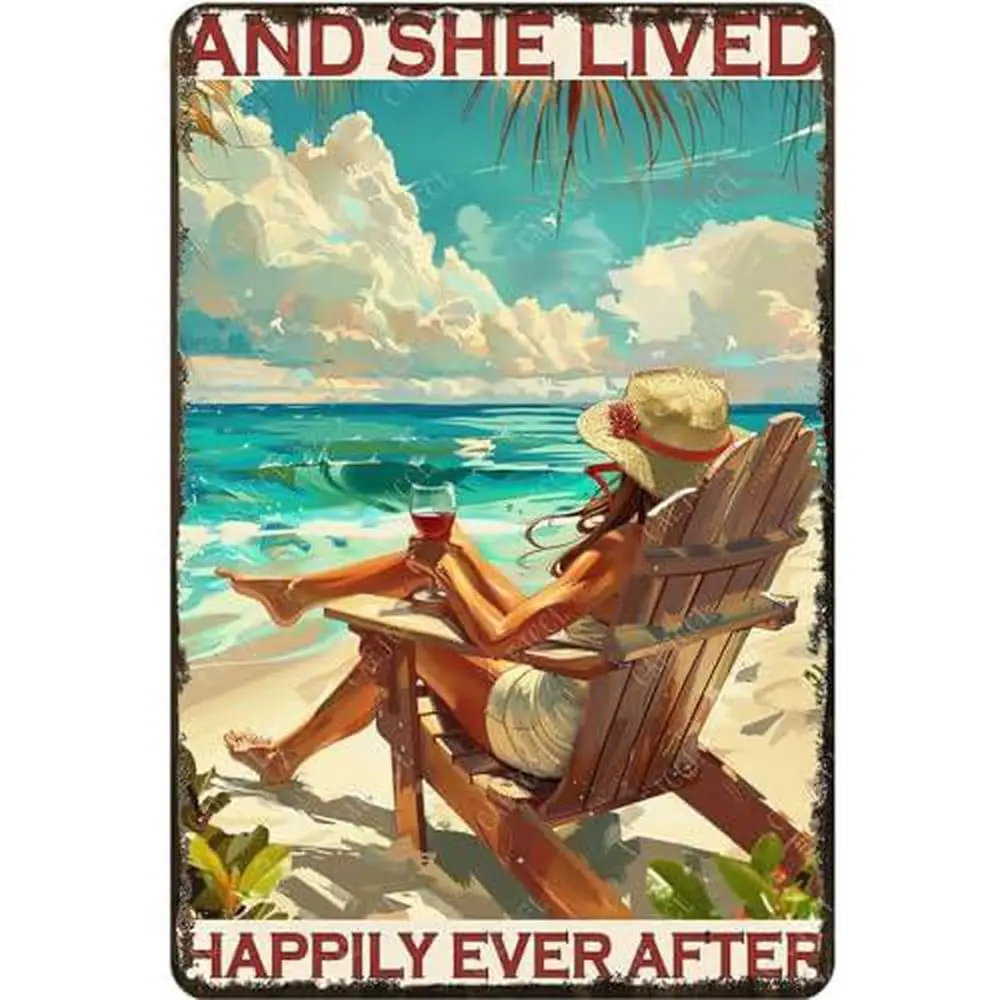 Vintage And She Lived Happily Ever After Metal Wall Sign | Rustic Farmhouse Decor with Cursive Tale Ending - Retro Plaque Suitab