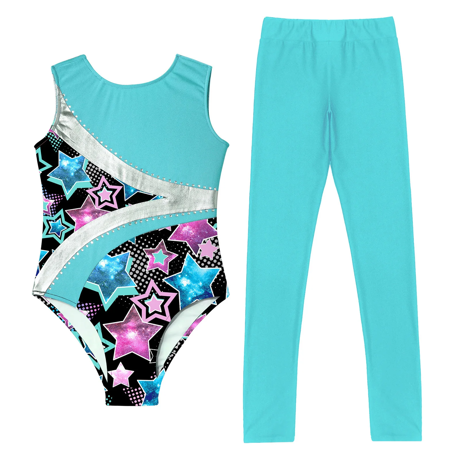 Kids Girls Sportswear Rhythmic Gymnastics Leotard Ballet Dance Wear Figure Skating Costume Metallic Contrast Sleeveless Bodysuit