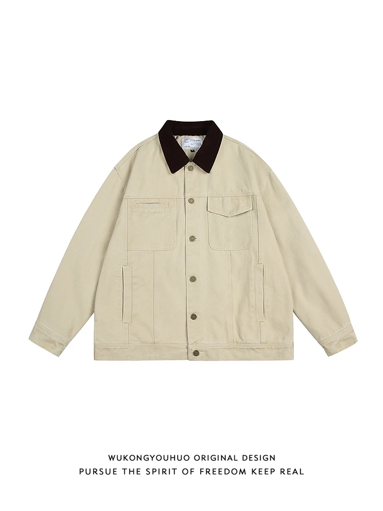 

Loose Fit Detroit Workwear Jaet for Men with Multiple kets Contrast Color Collar Vintage Versatile Outerwear Jaet