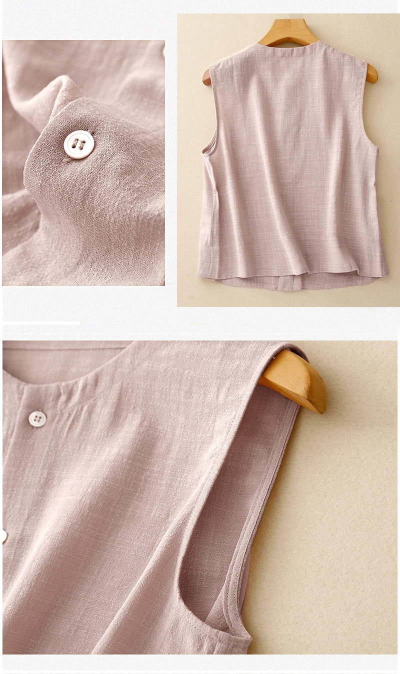 Korean Style Sweet Pink Khaki Cotton Linen Vest Women Summer Thin Sleeveless Jacket O-neck Button Up Cover Up Shirts Cardigan