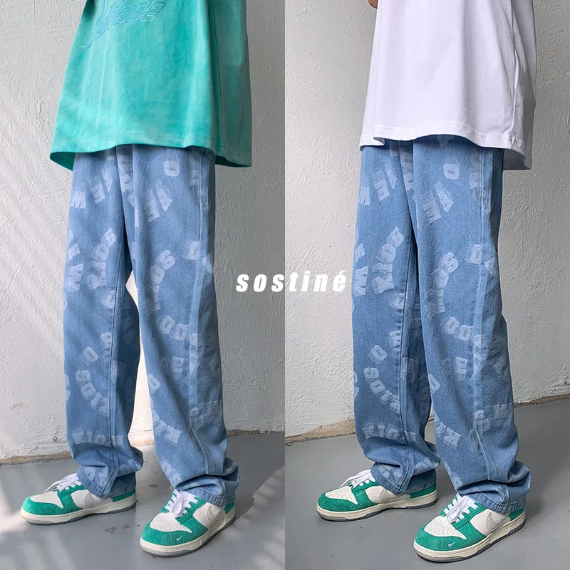 American Street Oversize Jeans Wide Leg Mopping Jeans Dark Vibe Style High Street Pants Men's Loose Straight Tube