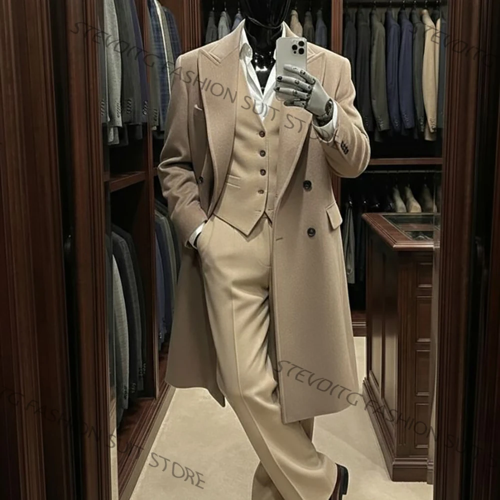Luxury Wool Blend Men's Suits and Separates Classic 3-Piece Set Double Breasted Long Overcoat Vest Pants Formal Business Outfit