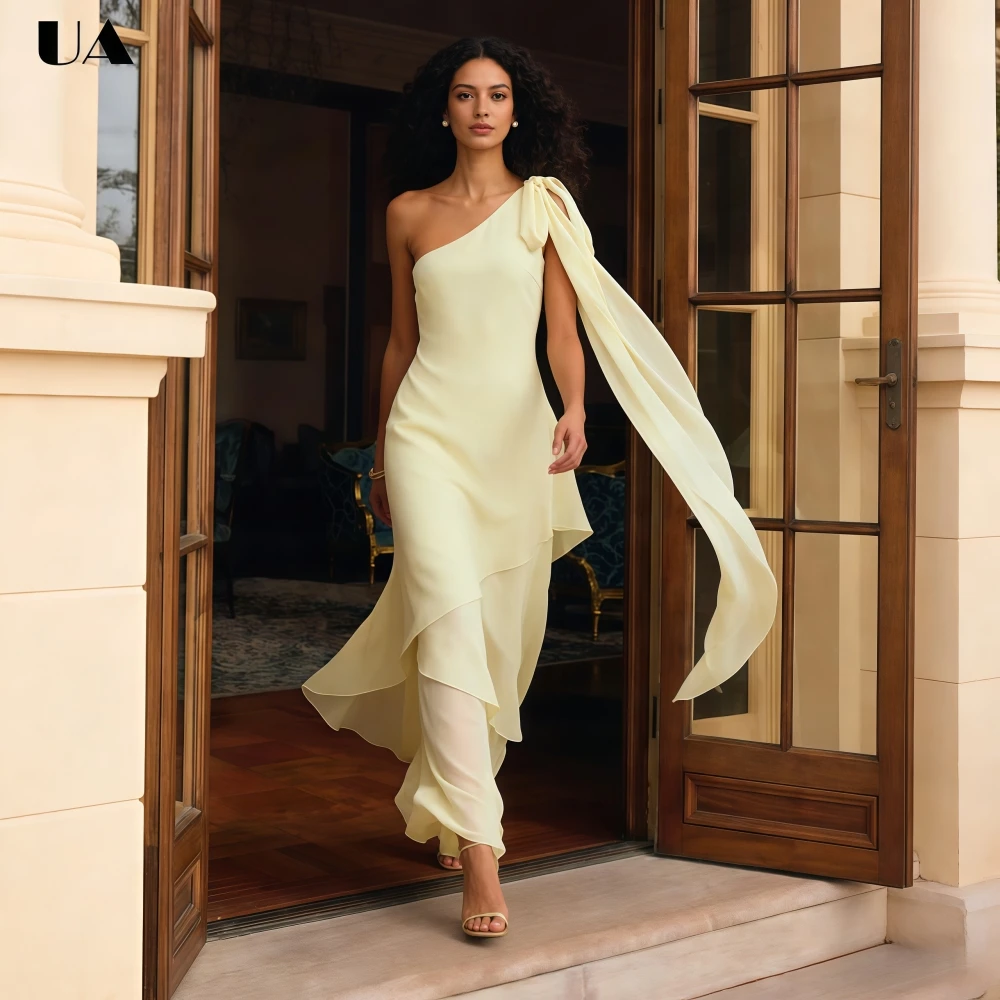 ULBYANRY Elegant Chiffon One-shoulder Draped Bow Prom Dress, Solid Asymmetrical Layered Evening Dress, Customized Party Gown