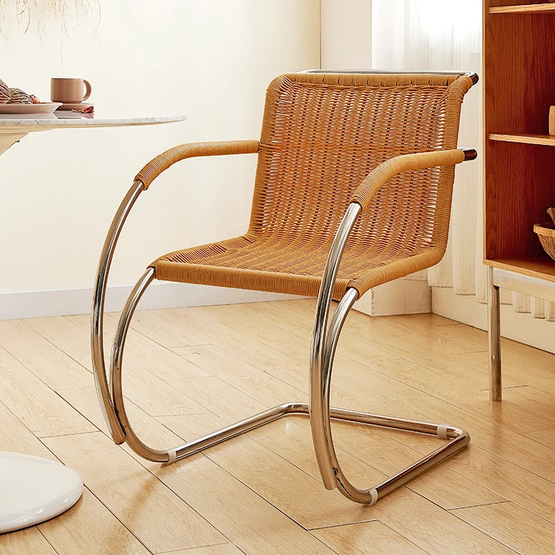 ins rattan dining chair retro chair elbow stainless steel designer creative single chair printing home leisure backrest