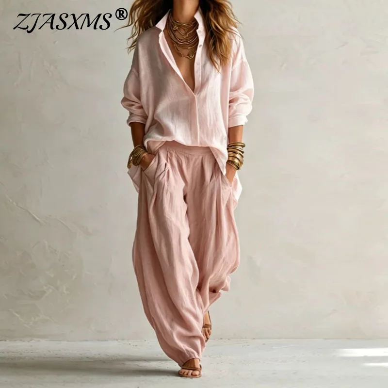 Vintage Two Piece Sets Women Loose Turn Down Collar Blouse High Waist Pocket Wide Leg Trousers Outfits Casual Travel Beach Suits
