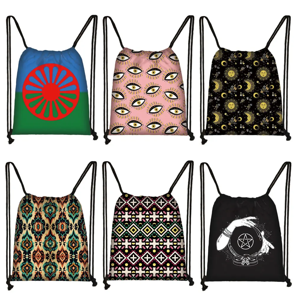 Romany Gypsy Print Backpack Women Canvas Drawstring Bag Large Storage Bags for Travel Shoes Holder Hippie Rucksack Book Bag