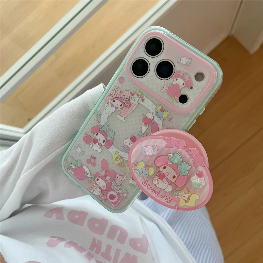 

Kawaii Cartoon Rabbit Magnetic Phone Case For iPhone 17 Pro 15 14 13 16 Pro Max Cover with Holder Stand For Magsafe Cases Funda