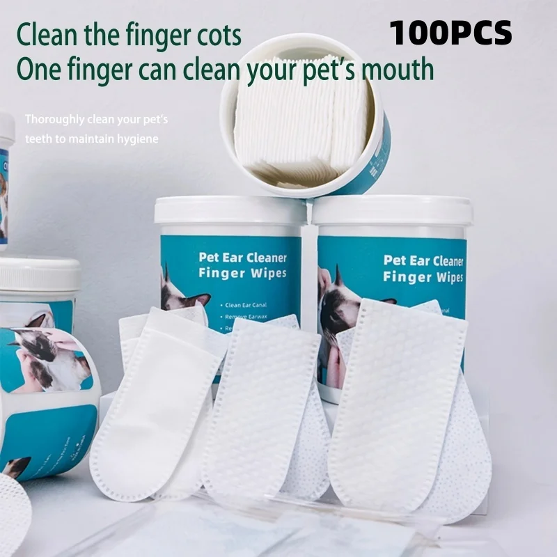 100Pcs Pet Dental Finger Wipes for Dogs Cats, Disposable Oral Ear Eye Cleaning Finger Pads, Remove Plaque & Earwax Fresh Breath