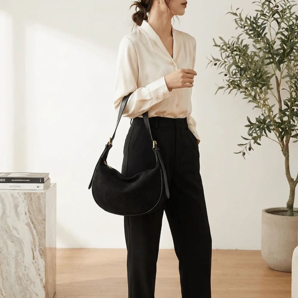 Zipper Closure Dumpling Underarm Bag Large Capacity Adjustable Strap Crossbody Bag Color Block Wide Leather Strap Hobo Bag