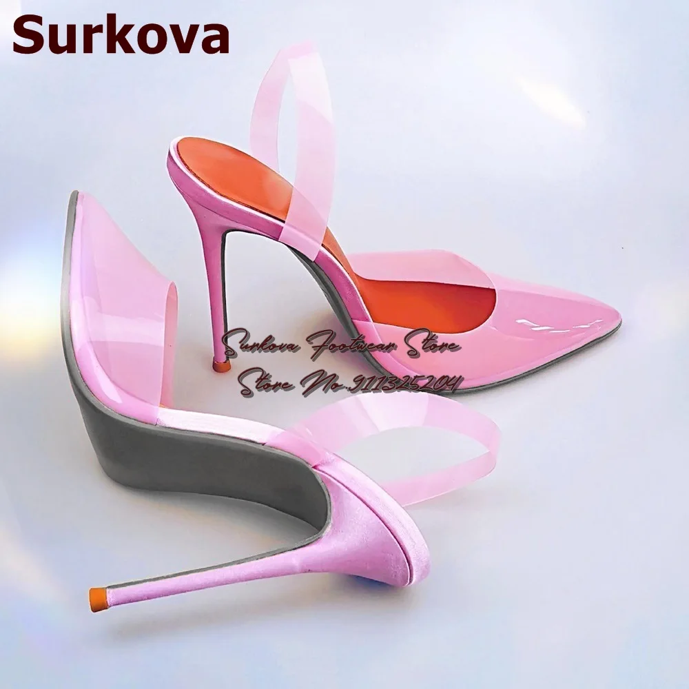 Surkova Transparent Pink PVC Poitned Toe High Heel Shoes Satin Cloth Patchwork Dress Pumps Elegant Slingback Wedding Shoes