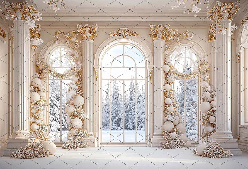 Mehofond Elegant White Christmas Photography Background Family Holiday Party Winter Palace Room Arch Windows Backdrop Photocall