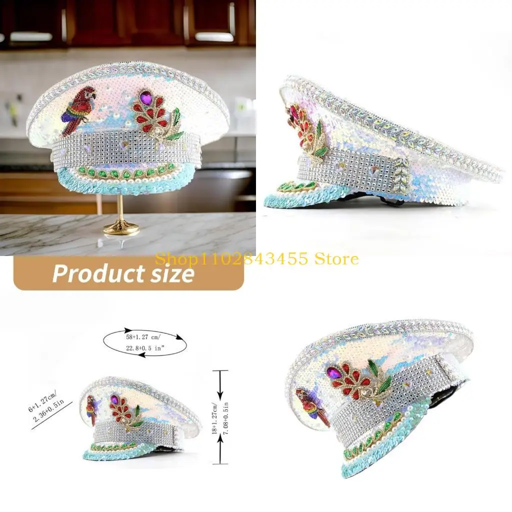 49MC Fashion Marine Hat with Rhinestones Bridal Shower Hat Bachelorettes Party Hat Night Club Captain Hat Festival Headwear