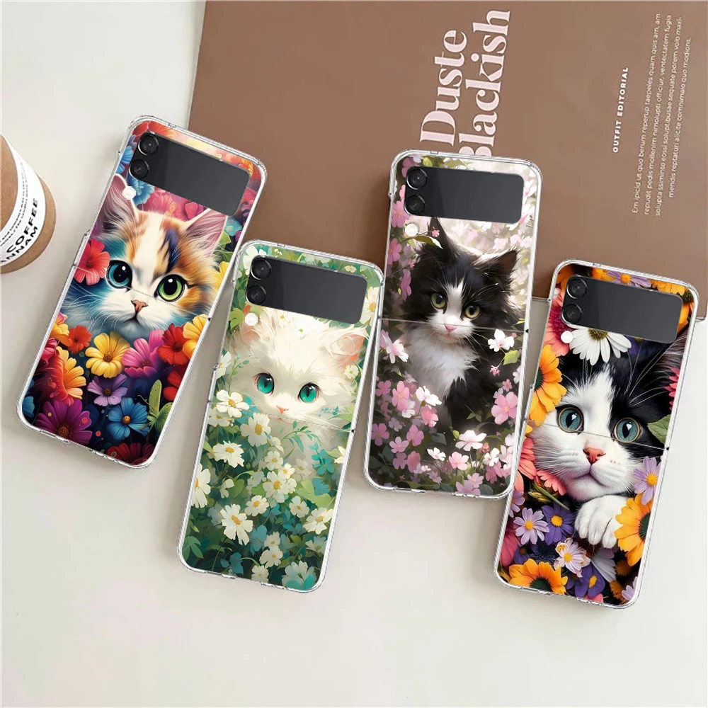 Phone Case For Samsung Galaxy Z Flip 3 4 5 Hard Folding Clear PC Bumper Cute Detection cat For Samsung Z Flip 6 Back Cover