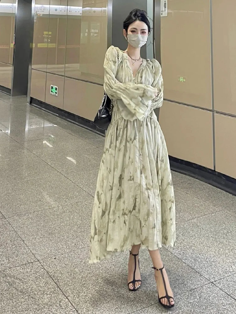 

plus Size Vintage V-Ne Floral Chiffon Dr Summer Ele Conceal Belly Long Skirt Commute Sle High Waist Bell Sve