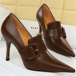 Women 10cm High Heels Pumps Belt Buckle Pointed Toe Dress Strange Heels Lady Slip On Leather Wedding Brown Luxury Office Shoes