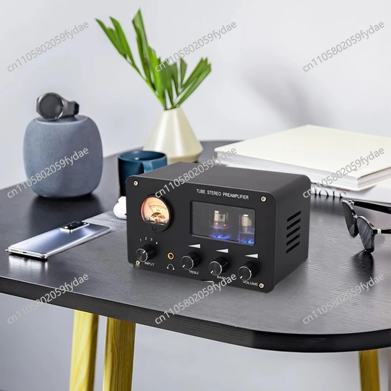 Audiophile Tube Preamp 4-input 2-output HIFI Preamp with Built-in VU Level Meter High-bass Adjustment Headphone Amplifier