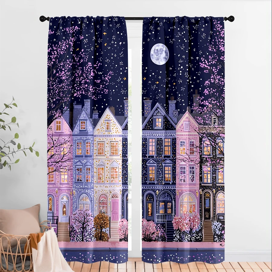 2PCS Dreamy Curtains, Purple Cherry Town, Digital Print, Bedroom Living Room, Kitchen, Rod Pocket, Polyester, Home Decor