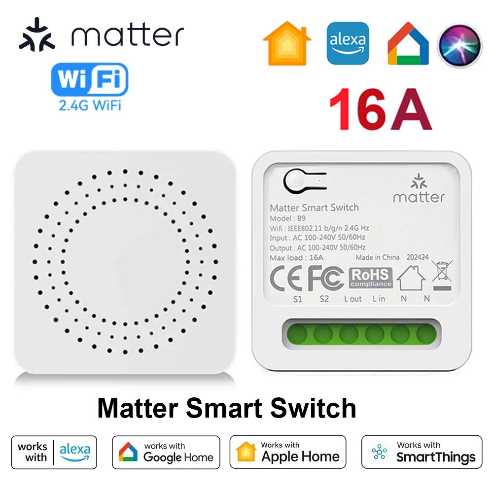 Matter WiFi Smart Switch 16A Smart Home Light Switch Relay Module Mini Breaker Timer Works with Homekit Alexa Google Smartthings