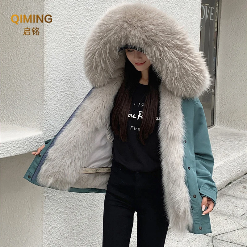 Parka Real Fur Coat Women Raccoon Fur Collar Lined Coat Fox Fur Coat Winter Ladies Rex Rabbit Hair Detachable Liner Short Coats