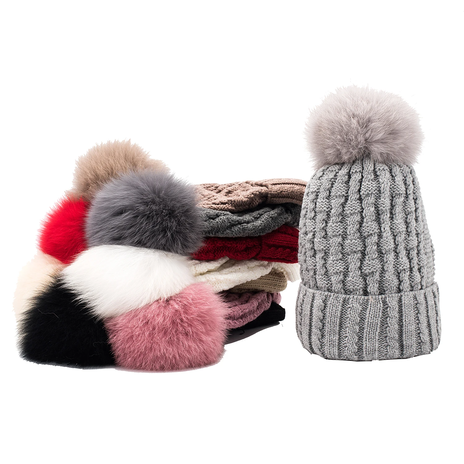 

Lawliet Women Winter Cap Fur Pom Pom Knitted Hats Acrylic Cable Ladies Hat Beanies cap Fox fur Bobble hat A402