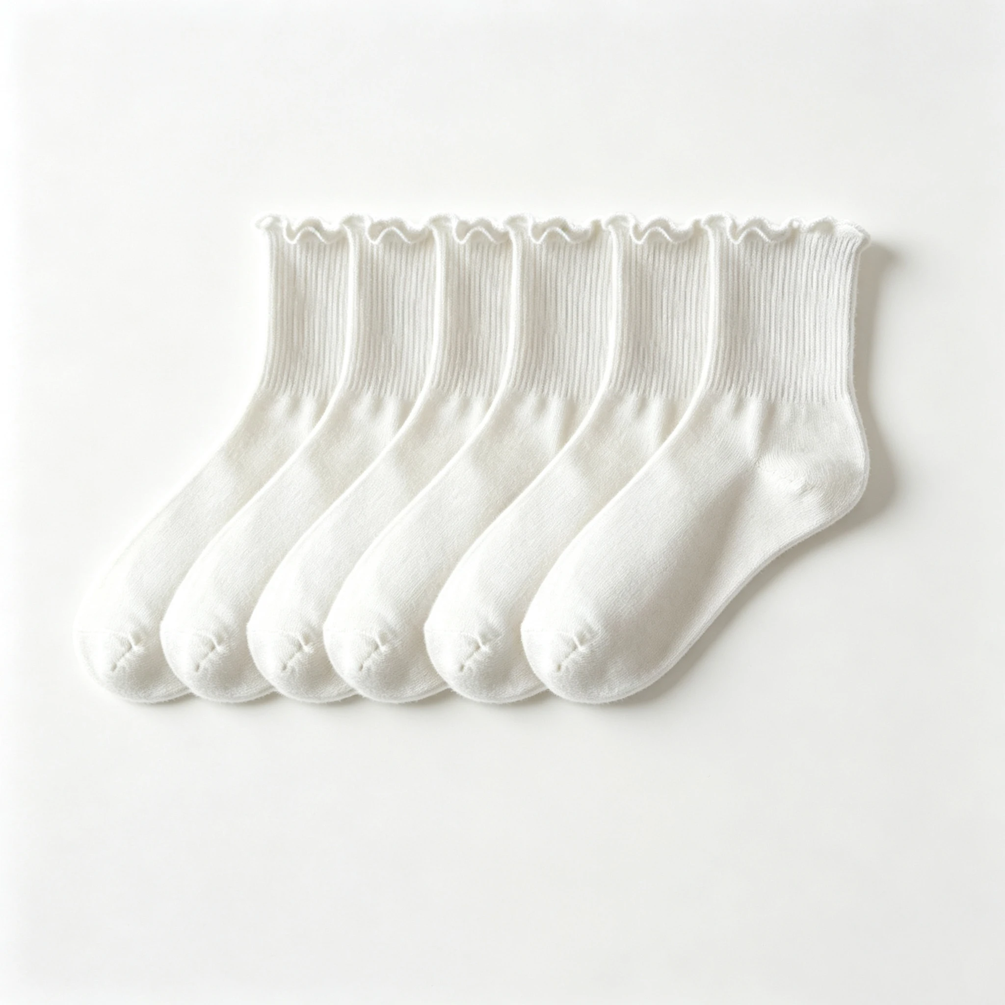 5 Pairs Kids Girls Ruffle Cuff Crew Socks Flat Knit Solid White Frilly Ribbed Mid‑Calf Socks Cute Princess Socks for Mary Jane S