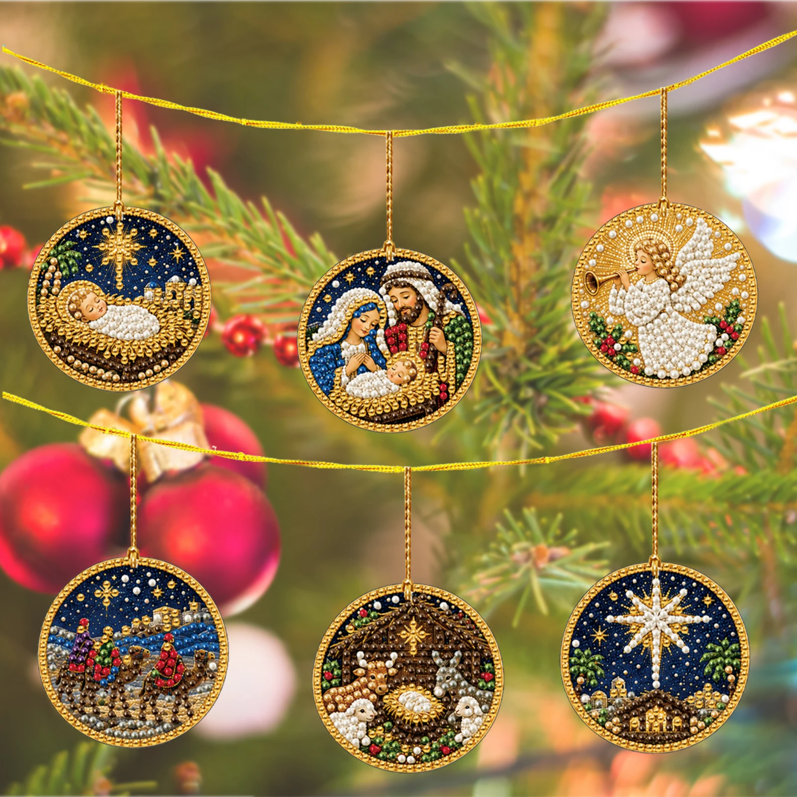 Diamond Painting Christmas Tree Ornaments Kit 12pcs 8cm Round DIY Acrylic Xmas Hanging Decor Resin Gem Set Home