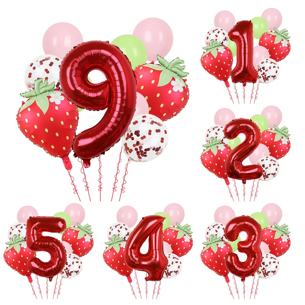 1 Satz 32 Zoll 1–9 Jahre altes digitales Aluminiumfolien-Ballon-Set mit Erdbeere und roten Punkten, geeignet für Geburtstagsfeier-Babyshower
