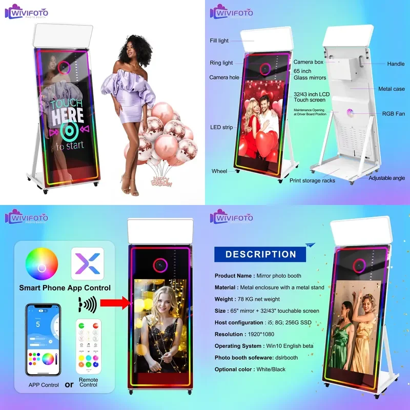 2026 Hot 65"portable Open air Flight case Automatic Led Selfie Photobooth Mirror Photo Booth Machine with Printer for Events