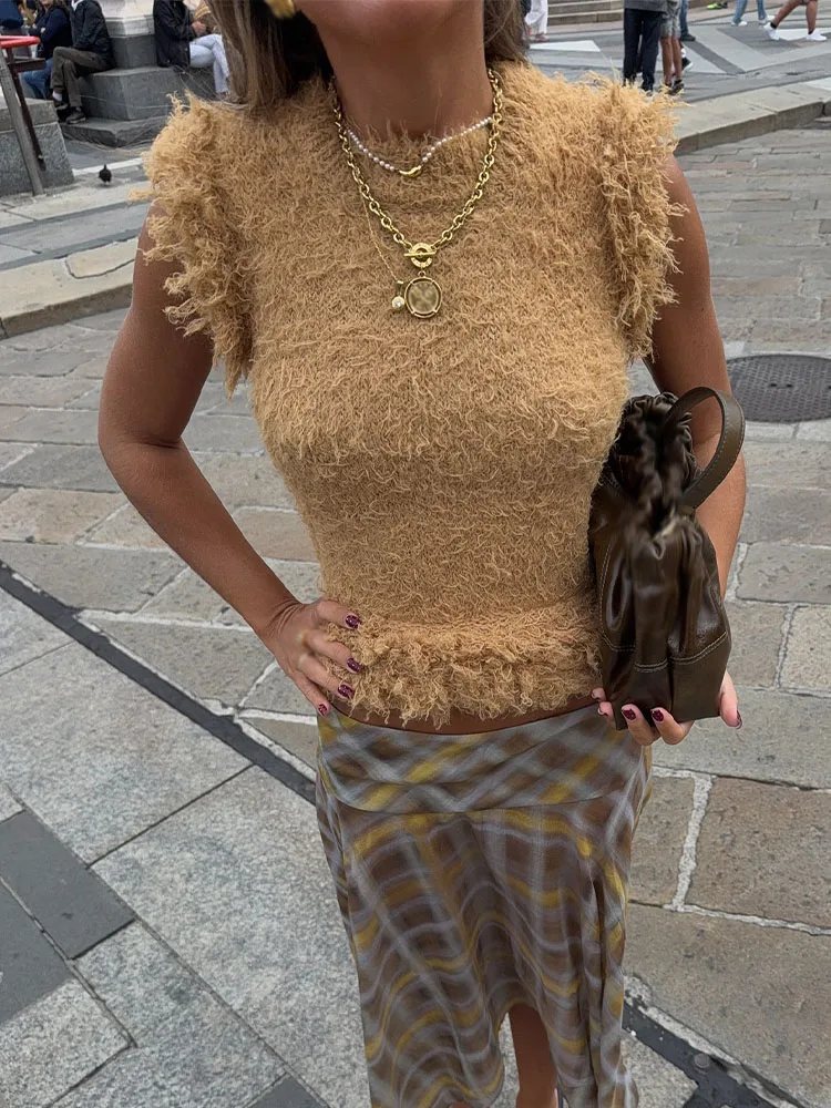 HH المرأة الصيف شيك محبوك القمم الزنجبيل الأصفر شرابة الديكور البلوفرات المرأة موضة جديدة س الرقبة سترات بلا أكمام العصرية #2